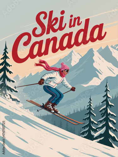 Ski Poster Illustration, Skiing in Canada, Winter Landscape Travel Card, Snowy Mountains, Retro Ski Adventure, Canadian Alps, Scenic Snow-Covered Pines, Travel Poster, Flat Vector Artwork