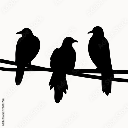 Three black birds silhouetted on a wire against a white background in a minimalist design style image
