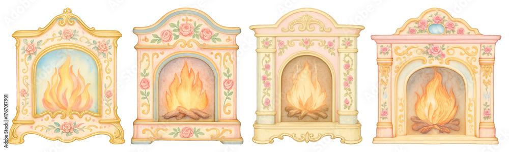Naklejka premium PNG Vintage ornate fireplace illustrations, element set on transparent background