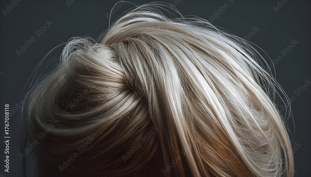 Naklejka premium Blonde synthetic hairpiece for women against a dark backdrop