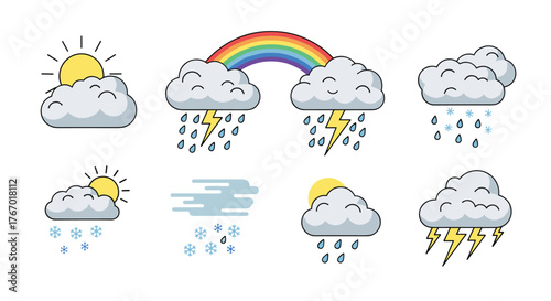A collection of colorful weather icons depicting sun, clouds, rain, snow, thunder, wind, and rainbow conditions.