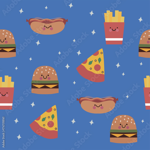 Seamles carton pattern with fastfood on blue background. 