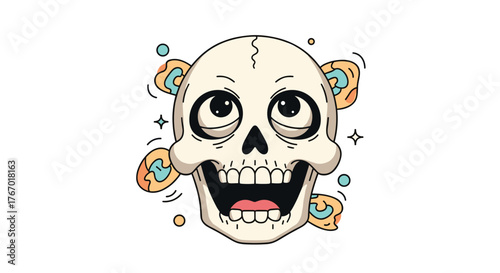 A cheerful and wide-eyed cartoon skull with colorful abstract shapes swirling around its head, expressing excitement or surprise.