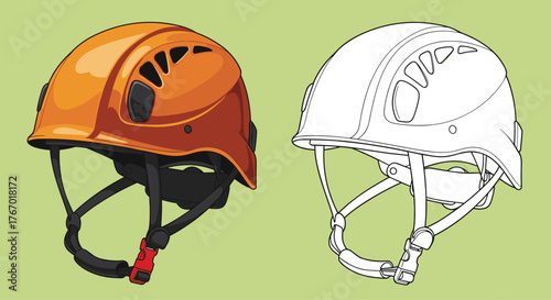 Side view of an orange climbing helmet and its black and white line art outline, isolated on a light green background, for safety equipment concepts.