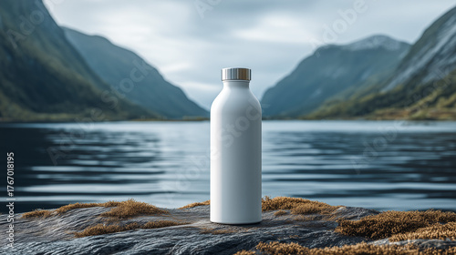 White reusable bottle standing on rock by mountain lake.