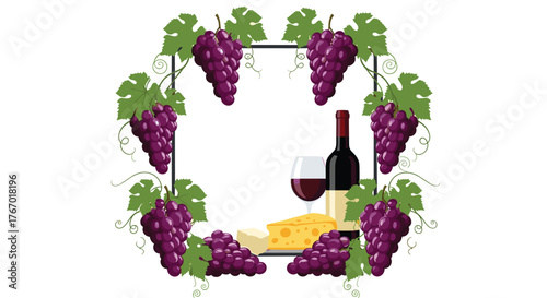 Decorative frame of purple grapes and green leaves surrounding a bottle of red wine, a glass, and cheese blocks, ideal for wine and gourmet themes.