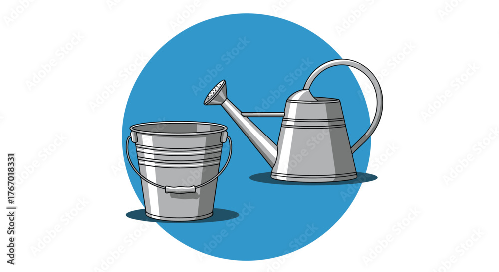 Obraz premium A shiny metal bucket and a classic watering can with a sprayer spout sit side-by-side against a vibrant blue circular background, ready for gardening tasks.