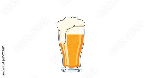 An illustration of a tall glass of cold, golden beer with a thick, foamy head overflowing, isolated on a white background.