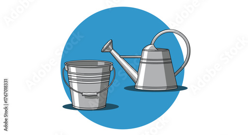 A shiny metal bucket and a classic watering can with a sprayer spout sit side-by-side against a vibrant blue circular background, ready for gardening tasks.