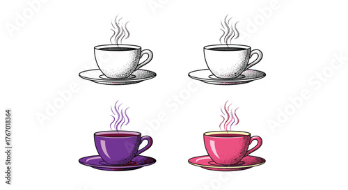 A collection of four hand-drawn steaming cups of hot beverages, featuring two black and white and two vibrantly colored cups with stippled textures.