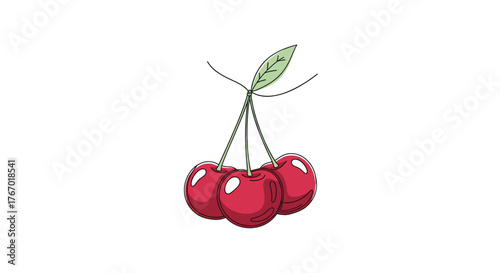 A simple, hand-drawn illustration featuring three vibrant red cherries with green stems and a single leaf, isolated on a white background.