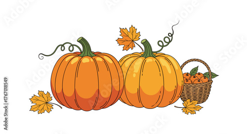 Autumn harvest scene featuring two vibrant pumpkins, scattered maple leaves, and a wicker basket overflowing with fresh apples.