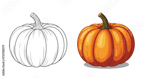 A cheerful orange pumpkin with a green stem, presented in a colorful illustration and a clean black and white line drawing.