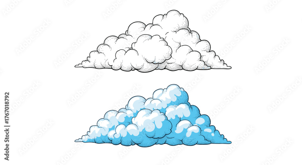 Fototapeta premium Hand-drawn cumulus cloud illustration in black and white stipple art and a colored version with blue and white tones, isolated on white.