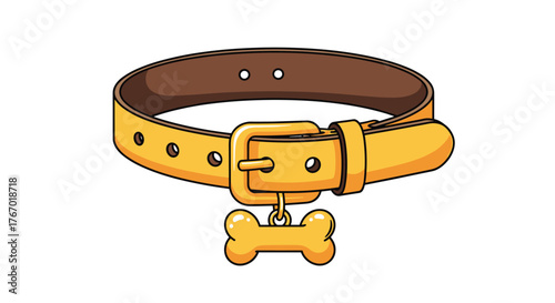 An adorable cartoon illustration of a yellow dog collar featuring a golden bone-shaped ID tag and buckle details.