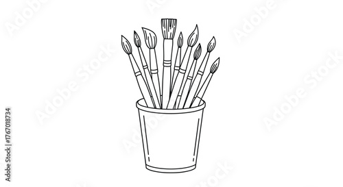 A hand-drawn black and white outline illustration of various art paintbrushes standing upright in a simple cup, depicting tools for painting and creativity.