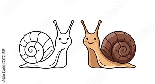 A pair of cute cartoon snails, one presented as an uncolored outline and the other fully rendered in warm colors.