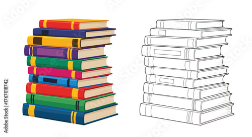 A colorful stack of educational books stands beside a corresponding black-and-white outline drawing on a white background, symbolizing learning and imagination.