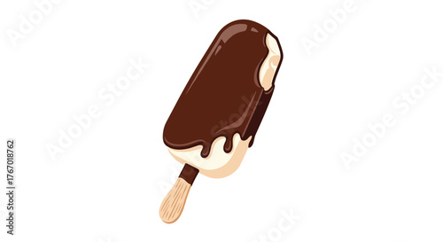 A delicious chocolate-dipped vanilla ice cream bar on a wooden stick with a bite taken out, perfect for a refreshing summer treat.