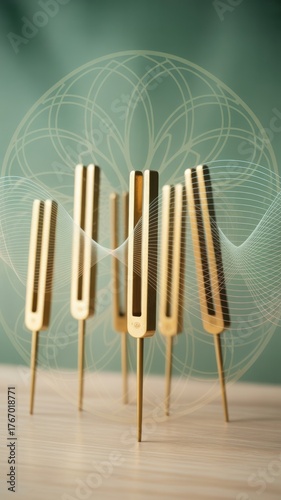 Stylized tuning fork illustration with golden metallic finish and wave-like motion, abstract background with teal cylinder and soft shapes, concept of energy healing, frequency, and sound alignment