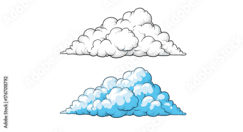 Hand-drawn cumulus cloud illustration in black and white stipple art and a colored version with blue and white tones, isolated on white.