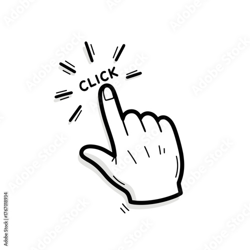 Hand clicking icon with word click for UI or marketing design