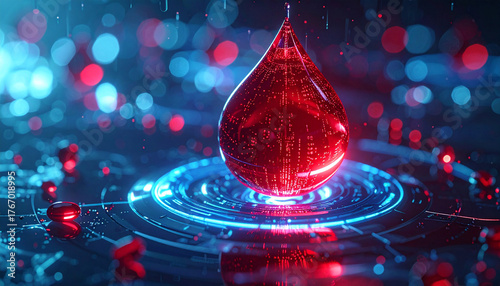 Digital Blood Drop: A visually stunning depiction of a digital blood drop, pulsating with intricate circuitry, symbolizes the fusion of technology and the human body.
