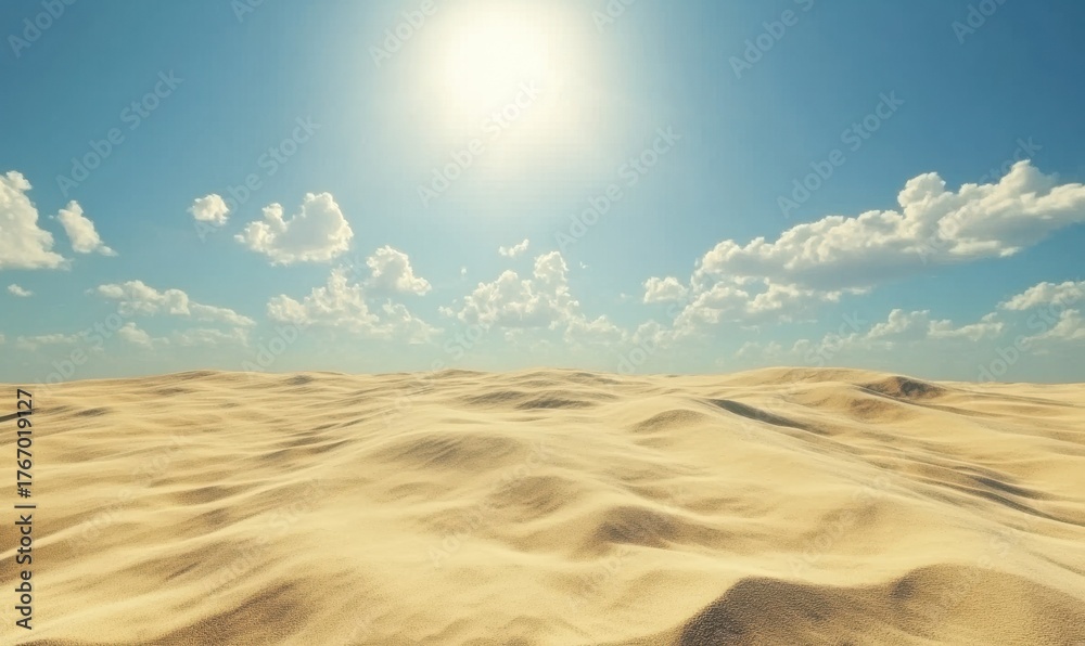 Naklejka premium Vast desert landscape with golden sand dunes under a bright afternoon sun, soft shadows enhancing depth, warm earthy tones dominating the scene, peaceful and remote atmosphere,