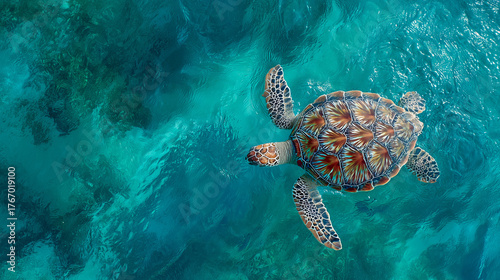 Sea turtle swimming in clear turquoise ocean water.