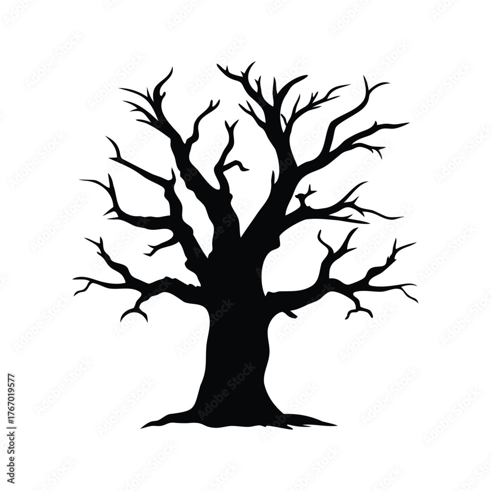 Fototapeta premium Silhouette of bare tree with outstretched branches against a white background, old broken dead tree silhouette vector illustration