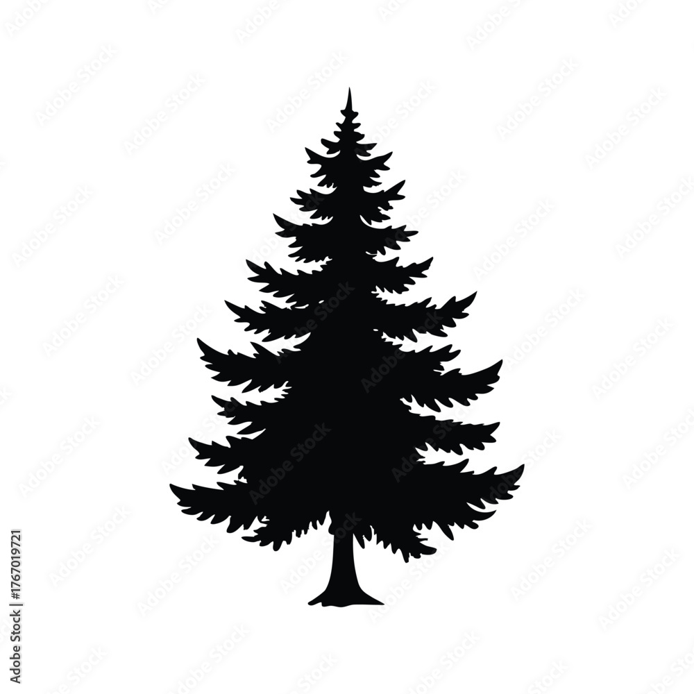 Obraz premium Silhouette of a fir tree isolated on a white background illustration, pine tree in forest landscape silhouette vector illustration