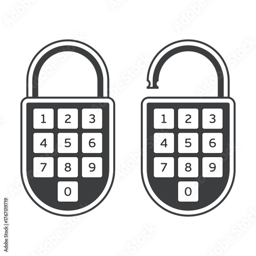 Icon of a coded padlock in open and closed states, showing a numeric combination lock. Great for security, password protection, or encryption visuals.
