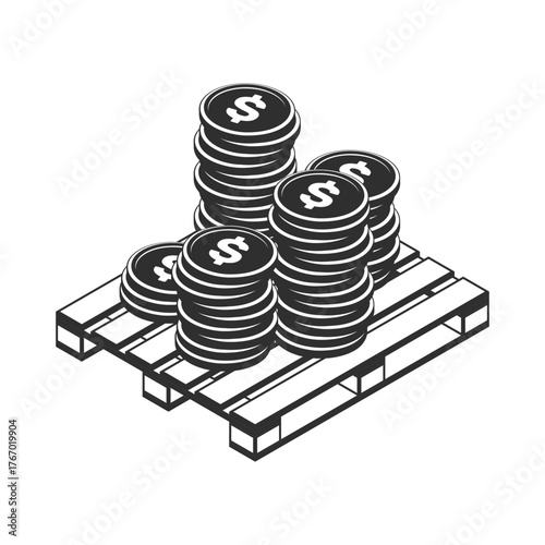 Wooden pallet loaded with stacks of coins, illustrating wealth, savings, or investment assets stored in a container or warehouse context.