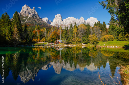 Picturesque landscape of Welsperg lake in the Dolomites, Canali Valley, Primiero San Martino di Castrozza, Province of Trento, Italy, Europe