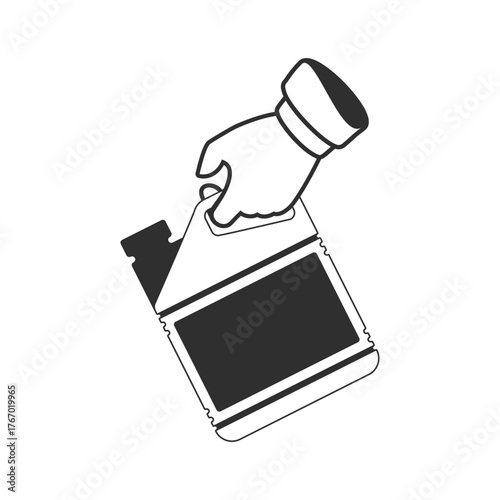 Canister with gasoline or motor oil in car mechanic hands. Replacement Motor Oil or refueling fuel concept.