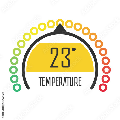 Round temperature gauge, isolated on white background. Colored measuring semicircle scale in flat style. Template of circle barometer or indicator.