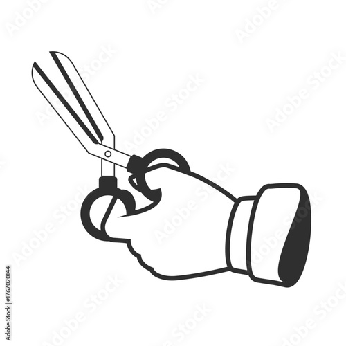 Vector icon of a hand holding scissors, representing cutting, trimming, design, or tailoring. Clean minimal outline perfect for crafting, editing, or styling themes.