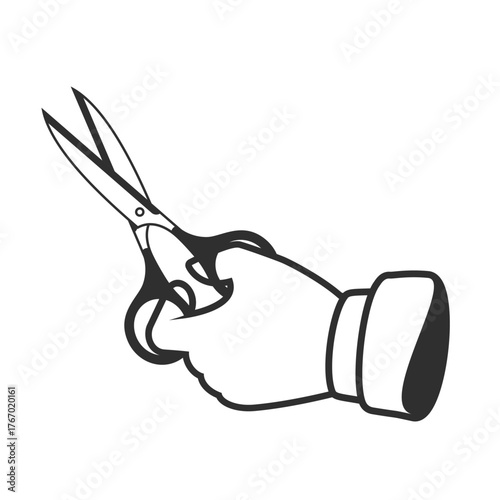 Vector icon of a hand holding scissors, representing cutting, trimming, design, or tailoring. Clean minimal outline perfect for crafting, editing, or styling themes.