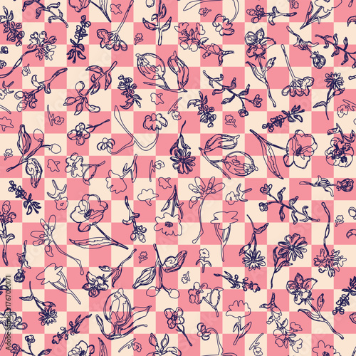 Botanical elements on retro check background as seamless repeat pattern. Random placed, vector flowers with leaves, herbs, plants on pink chest board aop, all over surface print.