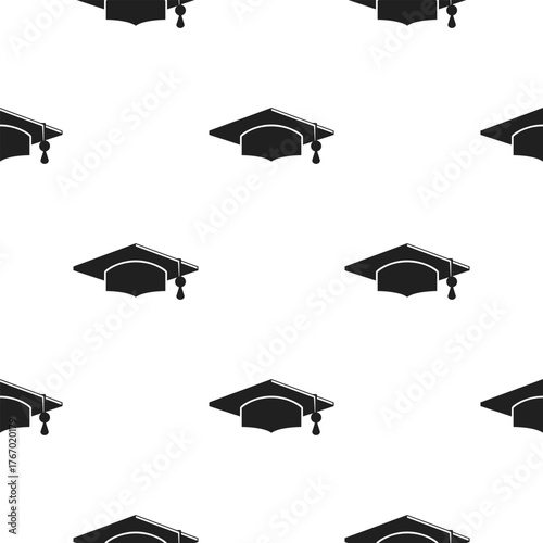 Seamless pattern of black graduation caps on a white background. Perfect for academic designs, school events, graduation invitations, and education-themed projects.