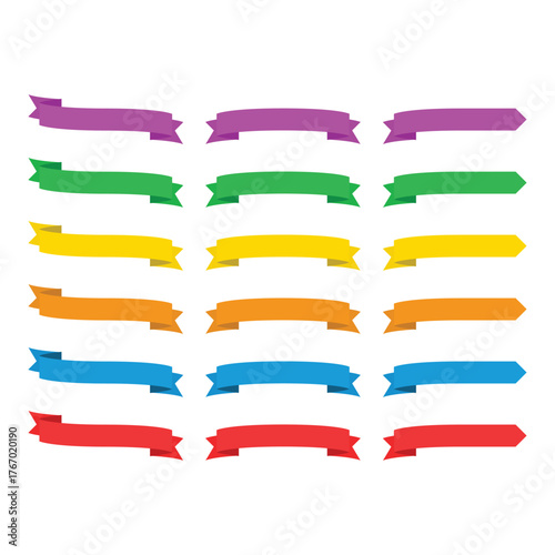 A set of colorful decorative ribbons in various designs, perfect for banners, labels, badges, or announcements. Versatile elements for creative graphic design.