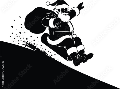 Joyful santa claus slides down a snowy hill with a large sack of gifts