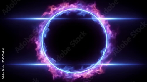 Abstract glowing neon energy portal frame with blue and purple flame effect on a dark background, futuristic technology concept