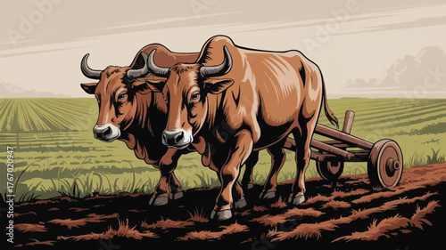 Powerful oxen team plowing fertile farmland, showcasing traditional agriculture and rural heritage with strength and determination in a timeless scene
