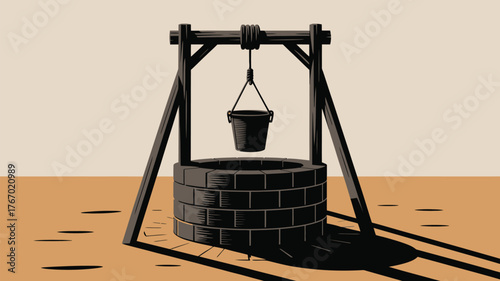 Mysterious wishing well drawing with dark shadows and vintage feel evokes rustic charm and storytelling possibilities for creative projects today