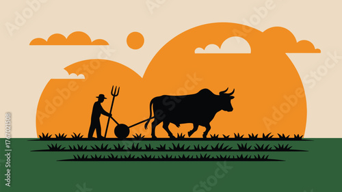 Farmer plowing field with bull silhouette against vibrant sunset, symbolizing traditional agriculture and hard work