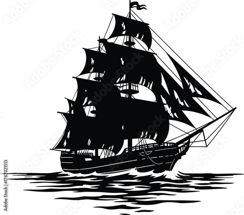 Majestic silhouette of a tall ship with full sails navigating the open sea