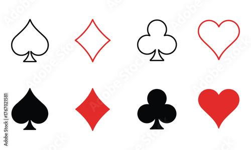 Classic playing card symbols set in red and black, vector illustration with transparent background, ideal for casino graphics, game interfaces, digital cards, and vector design applications.