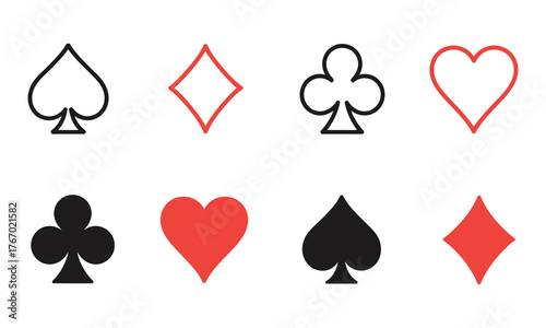 Classic playing card symbols set in red and black, vector illustration with transparent background, ideal for casino graphics, game interfaces, digital cards, and vector design applications.