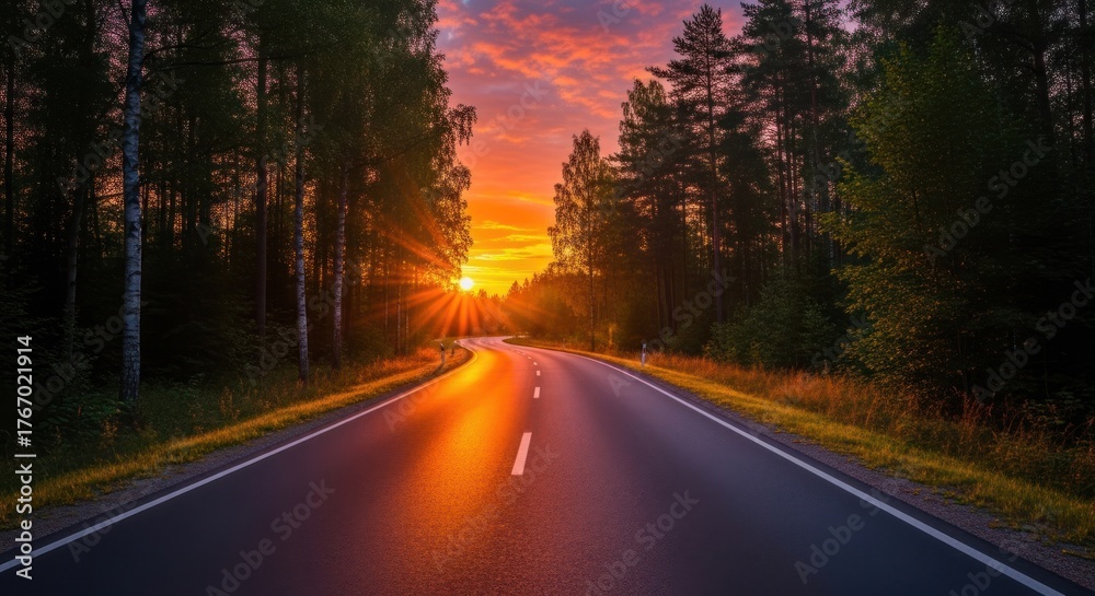 Fototapeta premium Winding asphalt road through forest at sunset with dramatic sky.